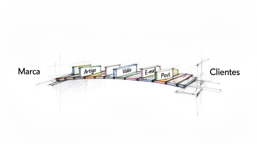 Caminho visual da Marca aos Clientes, ilustrado com plataformas de conteúdo: artigo, vídeo, e-mail e post.