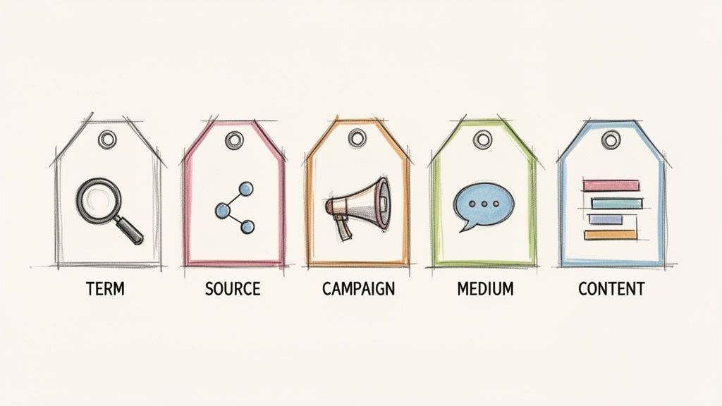 Ilustração de cinco etiquetas coloridas representando os parâmetros UTM: Termo, Origem, Campanha, Meio e Conteúdo.