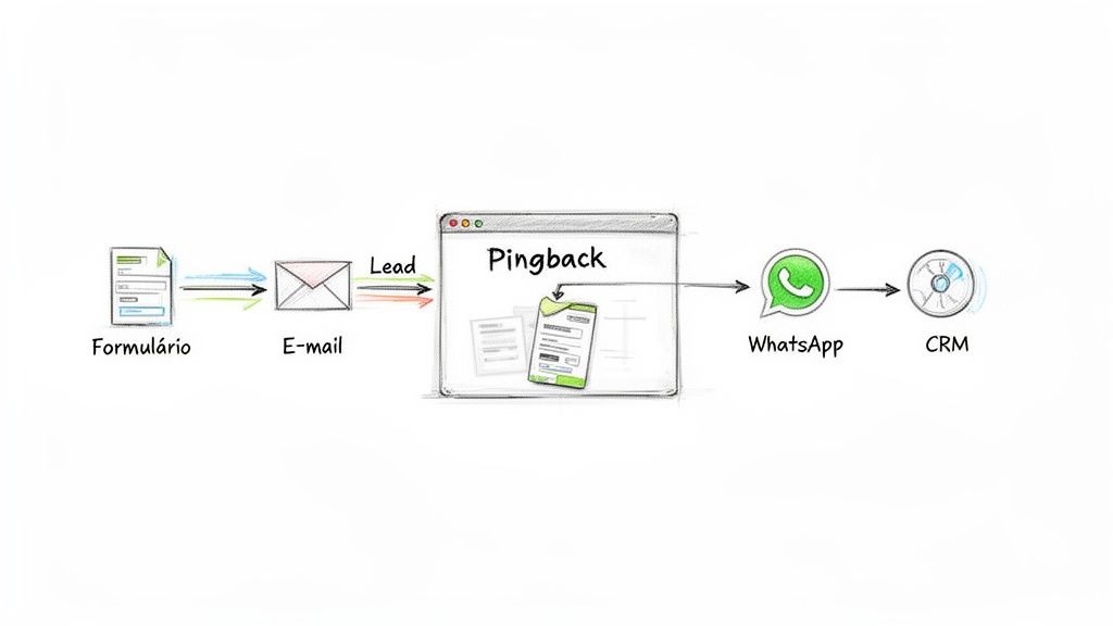 Fluxo detalhado de atendimento ao cliente, do formulário online ao CRM, passando por e-mail, pingback e WhatsApp.