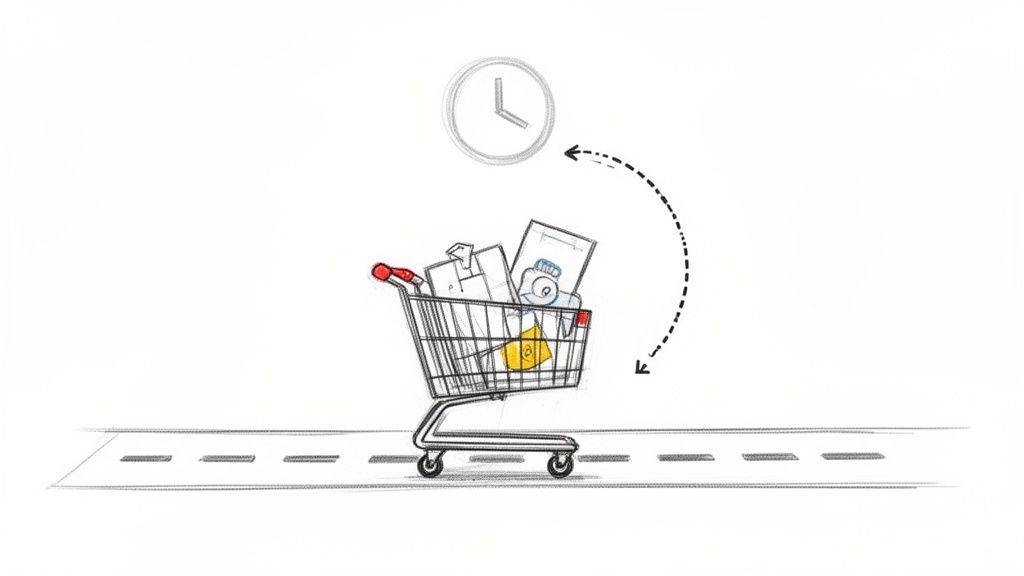 Ilustração de um carrinho de compras cheio, um relógio e uma seta, representando economia de tempo em compras.