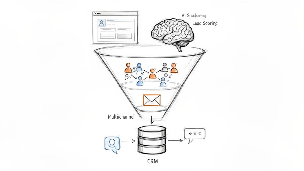 Um diagrama de um funil de marketing com pontuação de leads por IA, engajamento multicanal e integração CRM.