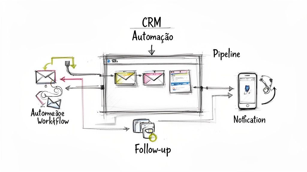 Diagrama ilustrando a automação de CRM com fluxo de trabalho de e-mail, pipeline e notificações móveis.