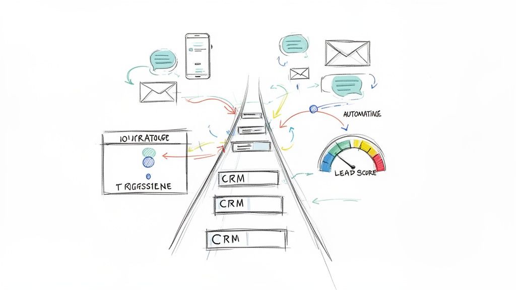 Diagrama ilustrando a jornada do cliente com CRM, automação, pontuação de leads e canais de comunicação.