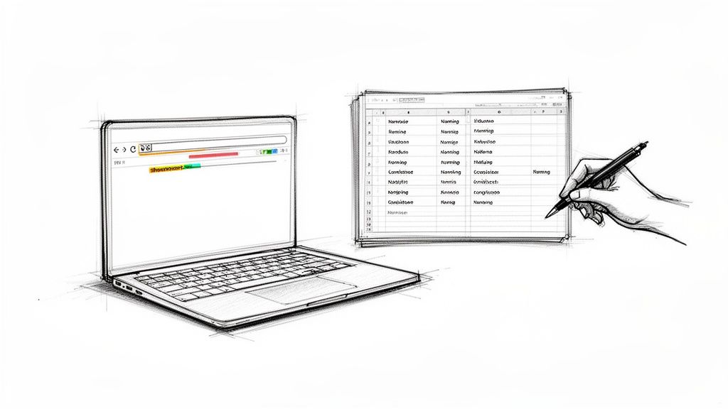 Esboço de um laptop e uma planilha digital com uma mão usando uma caneta, simbolizando análise de dados.