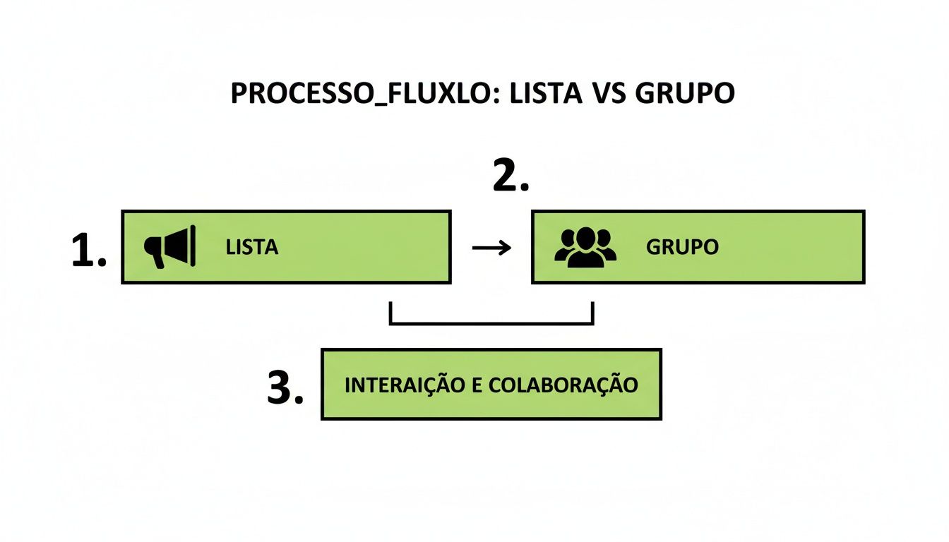 Diagrama de fluxo comparando lista e grupo, mostrando interação e colaboração entre eles.
