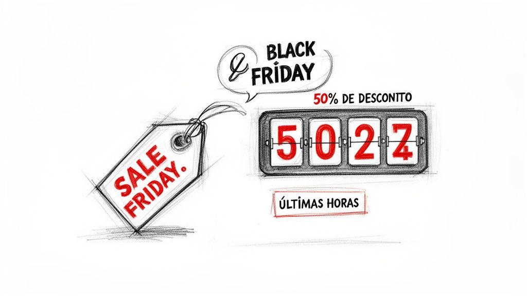 Desenho de promoção Black Friday com etiqueta de preço, 50% de desconto e contador de últimas horas.