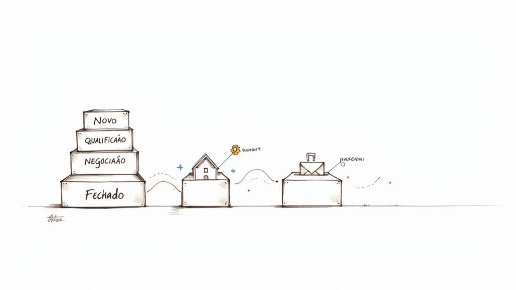 Diagrama de funil de vendas com etapas: Novo, Qualificação, Negociação, Fechado, seguido por auditoria e correspondência.