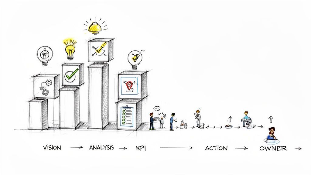 Diagrama visual de um processo de negócios, mostrando etapas de visão, análise, KPIs, ação e responsabilidade final.