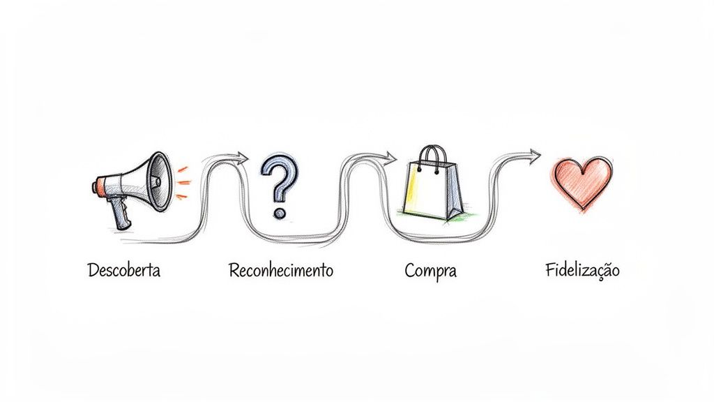 Ilustração desenhada à mão da jornada do cliente, com etapas de descoberta, reconhecimento, compra e fidelização.