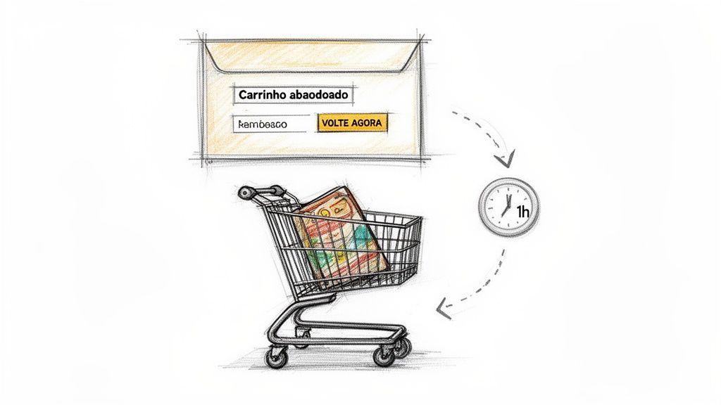 Email de carrinho abandonado com carrinho de compras, produtos e relógio, indicando recuperação após 1 hora.