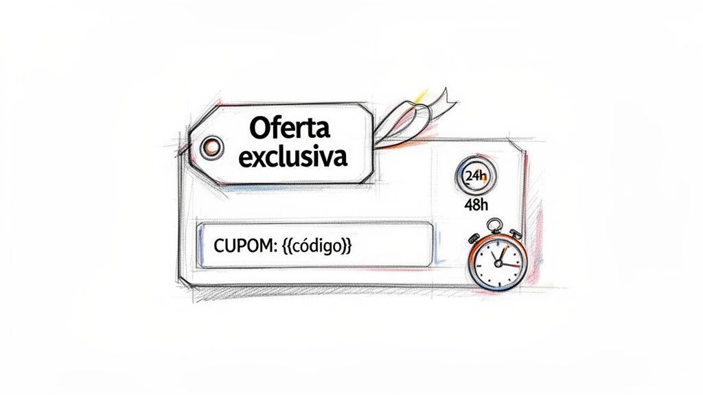 Uma oferta exclusiva com cupom de desconto, apresentada como uma etiqueta e um cronômetro, indicando tempo limitado.