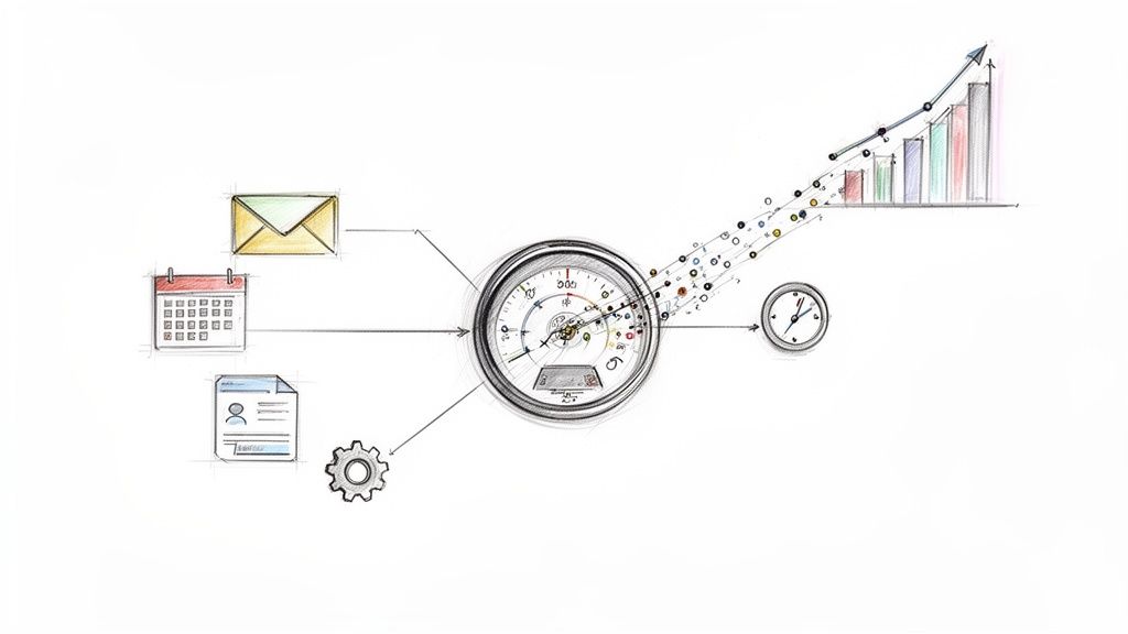 Diagrama ilustrando dados (email, calendário, documento) processados por um medidor, gerando eficiência e crescimento em um gráfico.