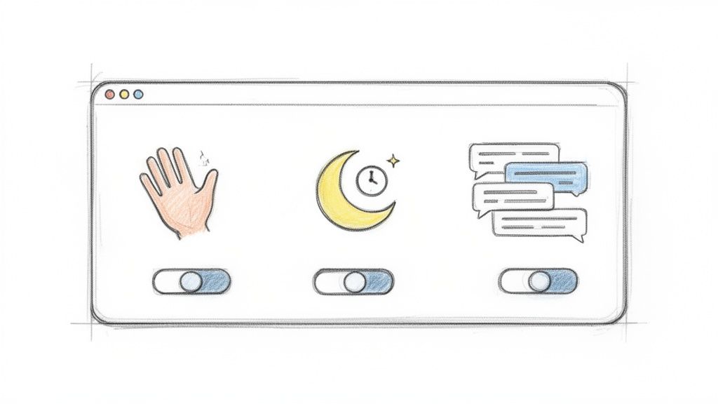 Janela de navegador com ícones de mão acenando, lua com relógio e balões de chat, cada um com um botão de alternância azul.