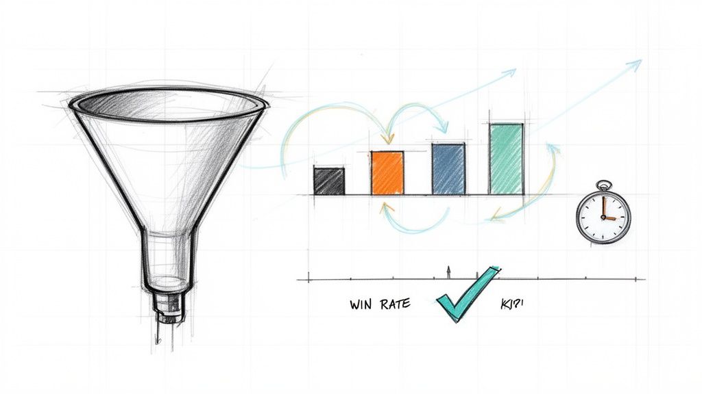 Representação esquemática de um pipeline de vendas com funil, gráfico de barras crescente e indicadores chave de desempenho.