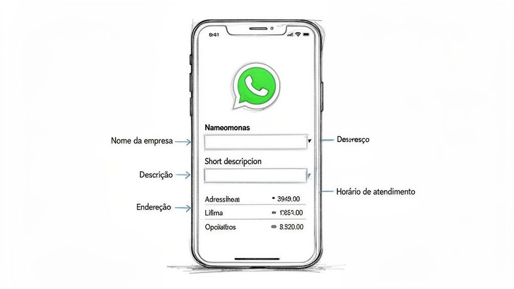 Tela de um smartphone mostrando a configuração de um perfil do WhatsApp Business, com campos para nome, descrição e endereço.