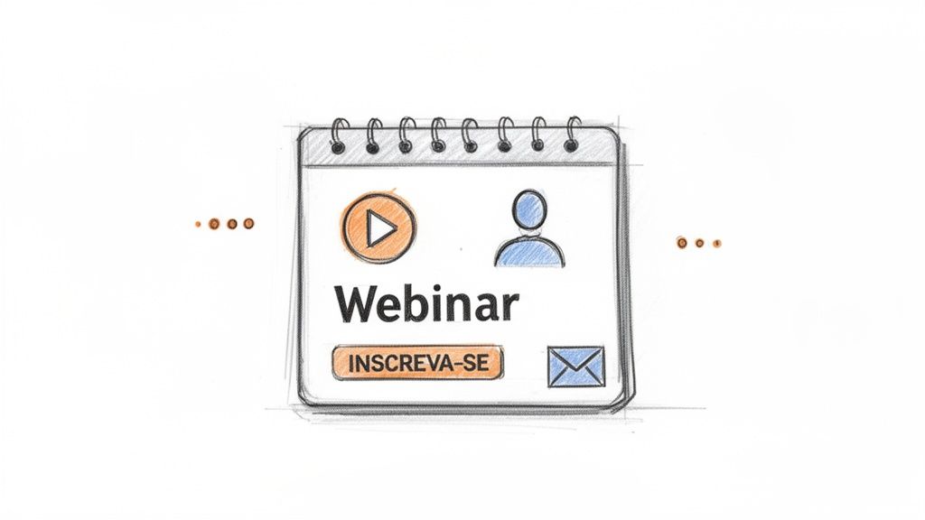 Esboço de calendário com ícones de vídeo e usuário, texto 'Webinar', botão 'INSCREVA-SE' e envelope. Exemplo de convite para webinar via email marketing.