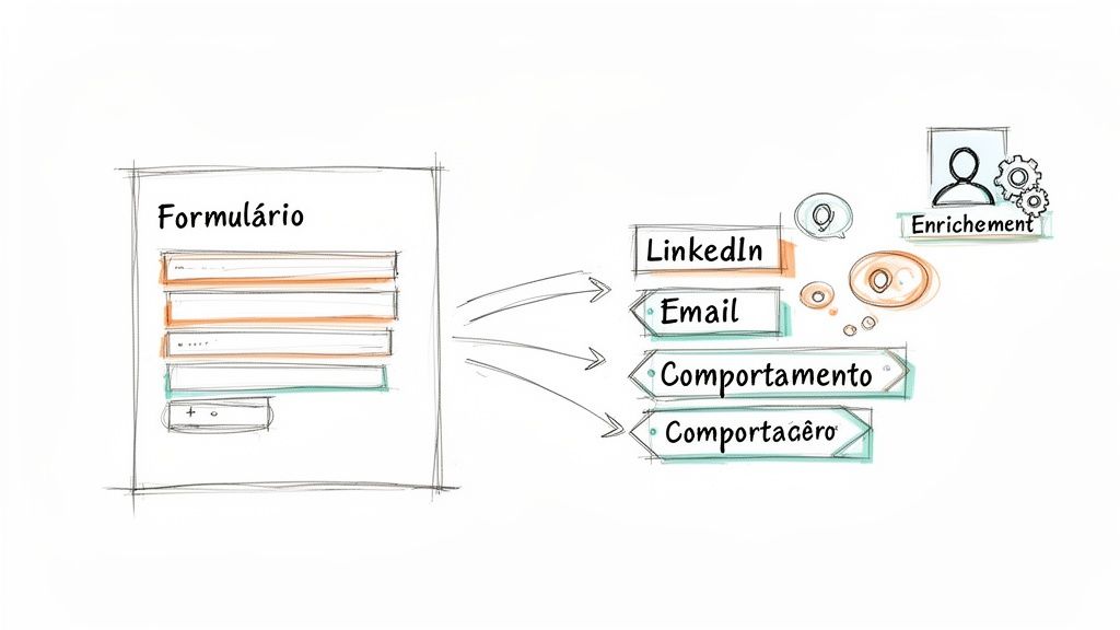 Ilustração de um formulário preenchido, direcionando dados para LinkedIn, e-mail, comportamento e enriquecimento de perfil.
