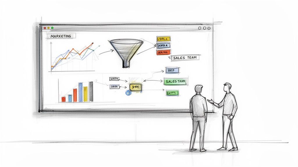 Esboço de tela de computador com dados de marketing e vendas, um funil de vendas e dois homens conversando.