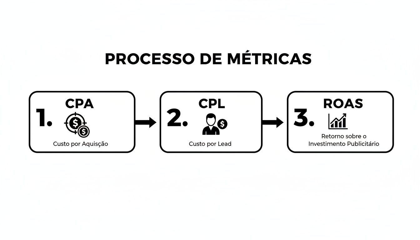 Diagrama do processo de métricas de marketing digital, ilustrando CPA, CPL e ROAS sequencialmente.