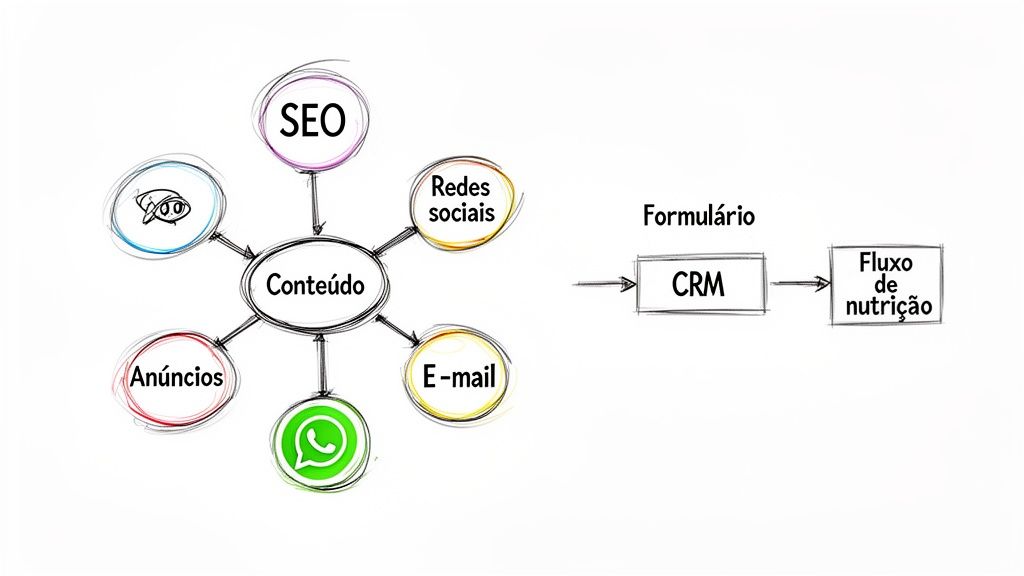 Diagrama visual de marketing digital ilustrando a produção de conteúdo, SEO, redes sociais, anúncios e fluxo de nutrição de leads.