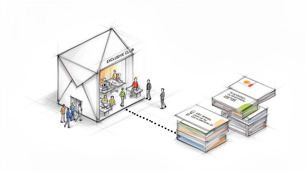Ilustração de um clube exclusivo em forma de envelope, com pessoas dentro e fora, conectado a pilhas de documentos.