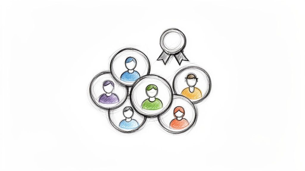 Desenho de um grupo diverso de pessoas em círculos com um prêmio ou distintivo acima.