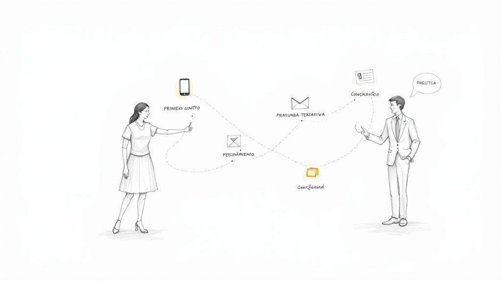 Ilustração de um processo de follow-up de vendas, mostrando uma mulher e um homem trocando comunicações digitais.