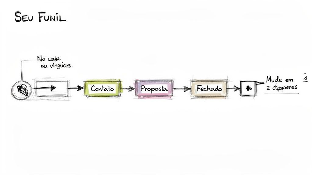 Fluxograma de funil de vendas mostrando etapas: inicial, contato, proposta, fechado, com notas adicionais.