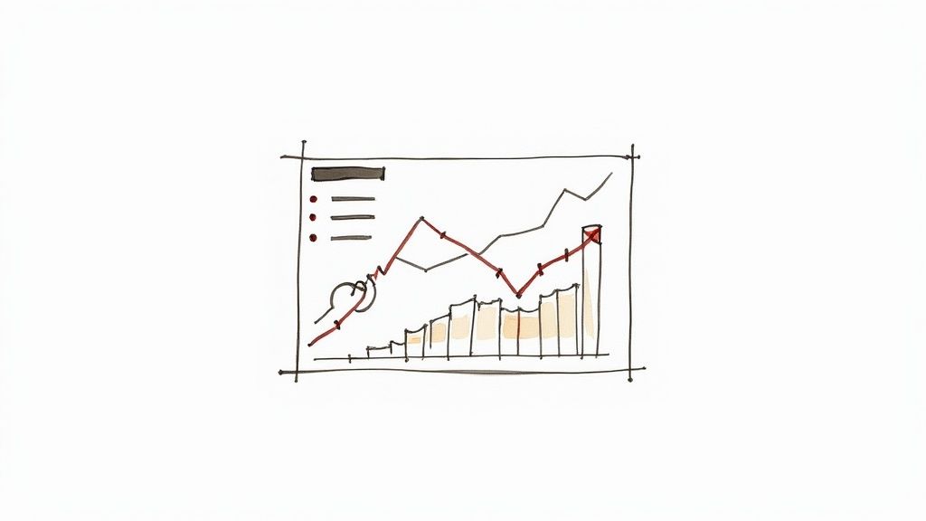 Gráfico de dados desenhado à mão com linhas e barras, indicando crescimento em um quadro.