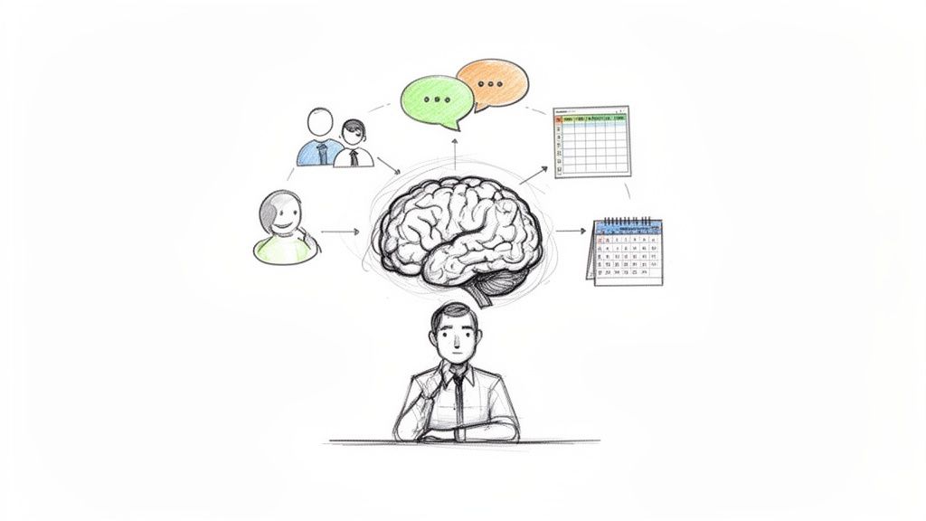 Diagrama de um cérebro processando dados de clientes, comunicação e agenda para gestão empresarial.