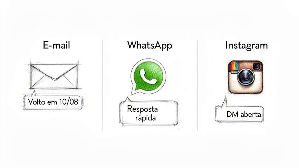 Imagem comparando expectativas de comunicação: e-mail com mensagem de ausência, WhatsApp para resposta rápida e Instagram com DM aberta.