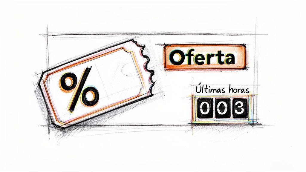 Esboço de cupom de desconto com símbolo de porcentagem, palavra "Oferta" e "Últimas horas 003".
