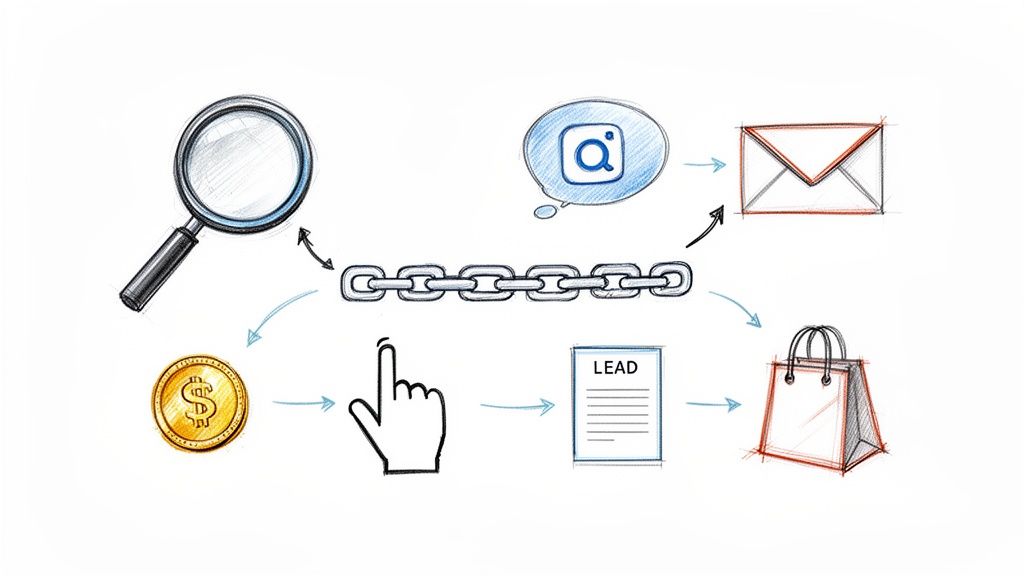 Diagrama de marketing digital exibindo pesquisa, redes sociais, email, geração de leads e vendas conectadas.