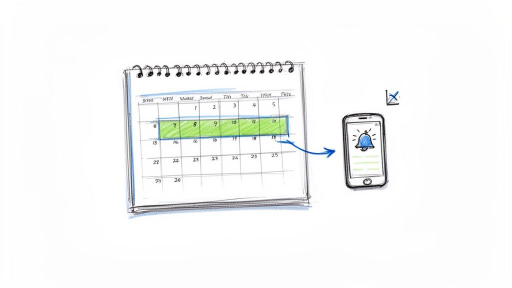 Esboço de calendário com datas de 7 a 18 destacadas, apontando para um smartphone com notificação de lembrete.