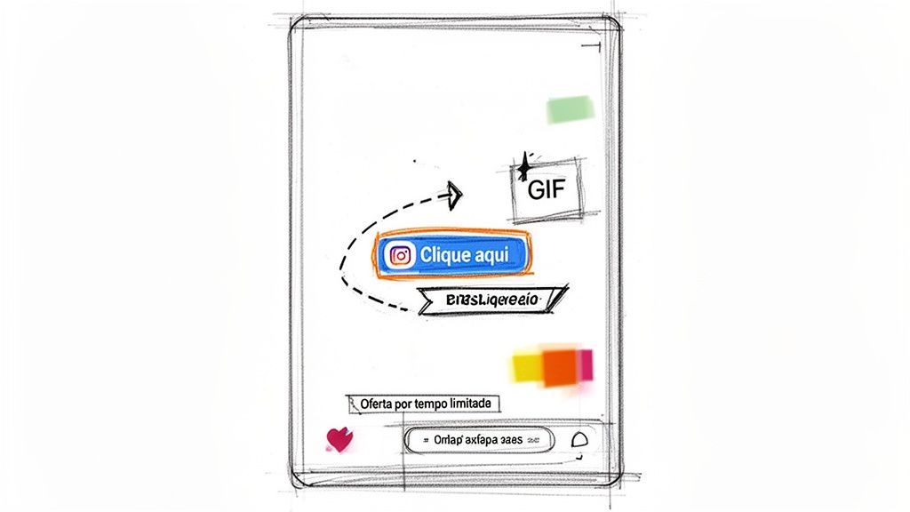 Esboço de tela de smartphone mostrando um story do Instagram com botão 'Clique aqui' e elementos interativos.