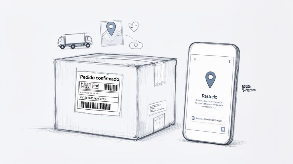 Desenho de um pacote com etiqueta 'Pedido confirmado' e um celular mostrando o rastreamento da entrega.