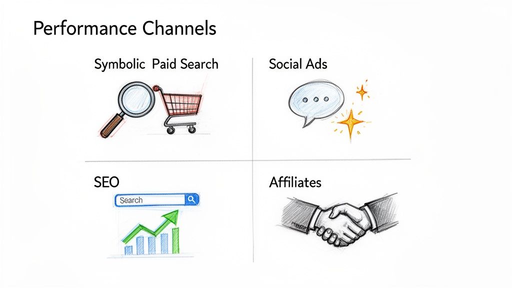 Uma imagem sobre canais de performance digital, ilustrando pesquisa paga, anúncios sociais, SEO e marketing de afiliados.
