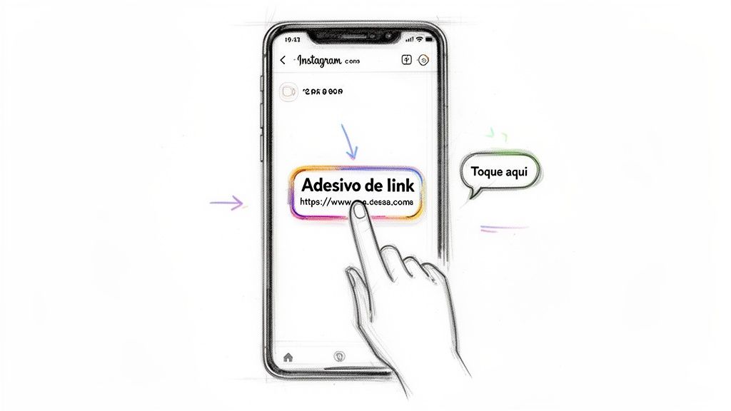 Mão tocando um adesivo de link em uma história do Instagram, com instruções para clicar.