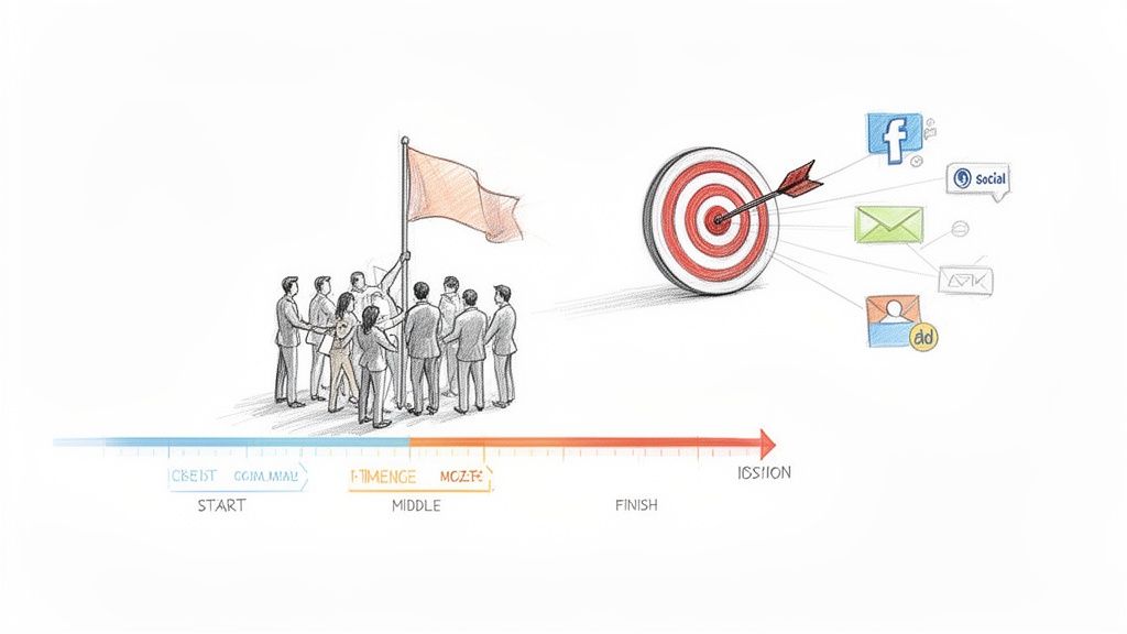 Equipe com bandeira, linha do tempo de campanha (início, meio, fim) e alvo com estratégias de marketing digital.