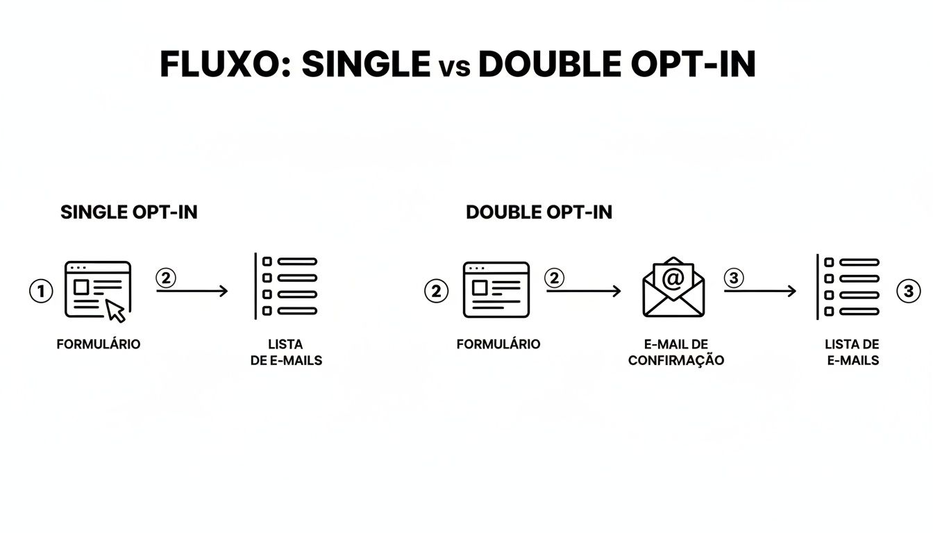 Diagrama comparando os fluxos de Single Opt-In e Double Opt-In para a formação de listas de e-mails, com etapas claras.