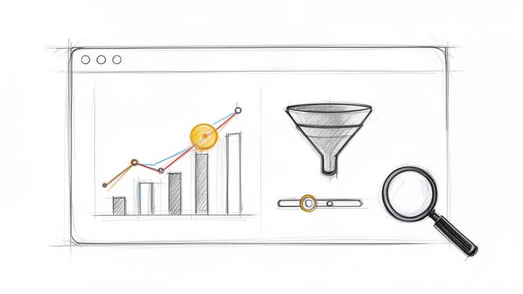 Esboço de interface de navegador com gráfico de barras, gráfico de linha, funil e lupa para análise de dados.