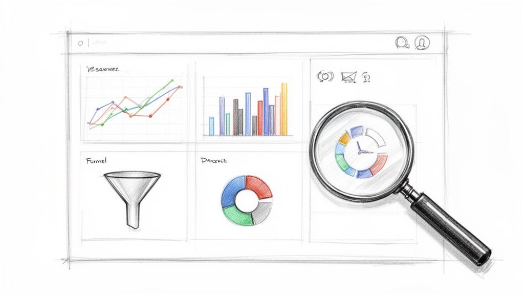 Esboço de um navegador web com um dashboard de análise de dados, gráficos e uma lupa, simbolizando insights.