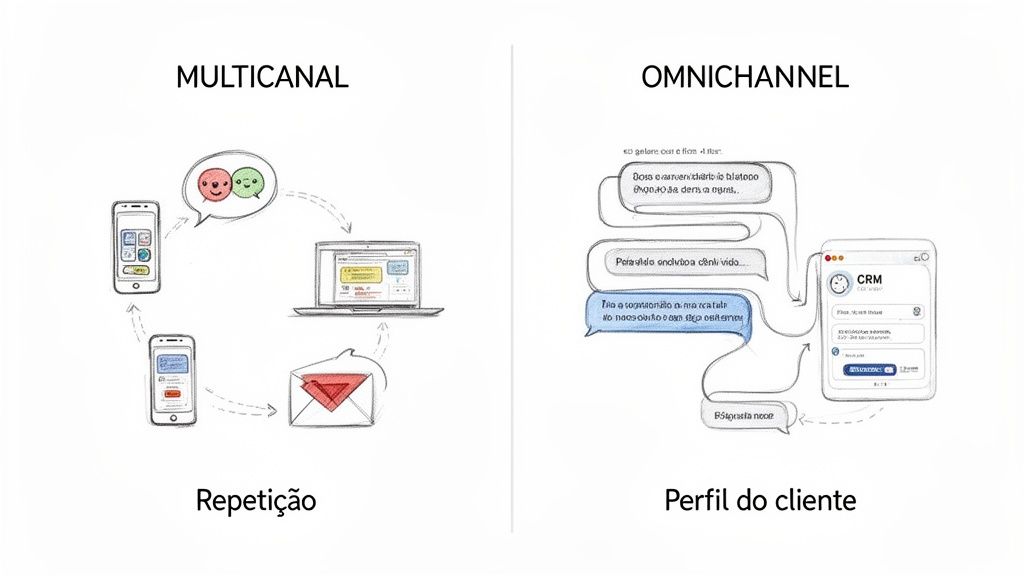 Diagrama comparando estratégias multicanal e omnichannel, destacando a repetição vs. o perfil unificado do cliente.