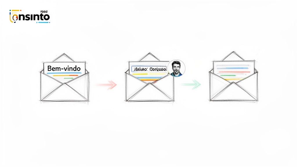 Ilustração do fluxo de emails: mensagem de boas-vindas, email personalizado com foto e conteúdo.