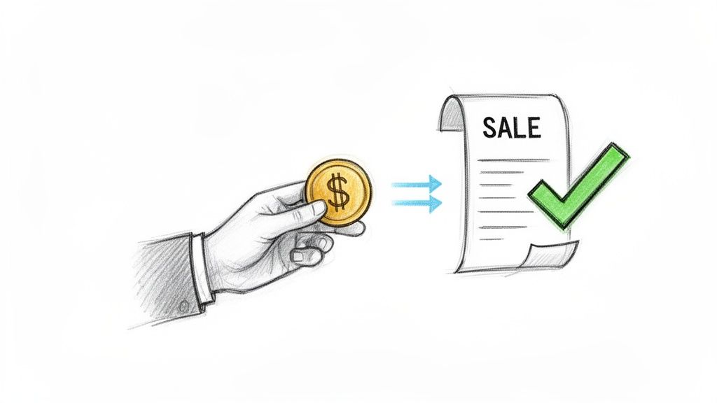 Mão segurando moeda de dólar, indicando transação financeira para uma venda aprovada com check verde.