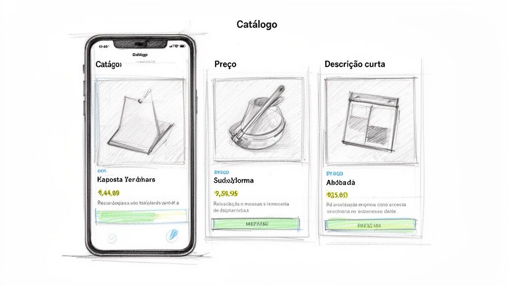 Esboço de aplicativo móvel exibindo catálogo de produtos com itens, preços e descrições para compras online.