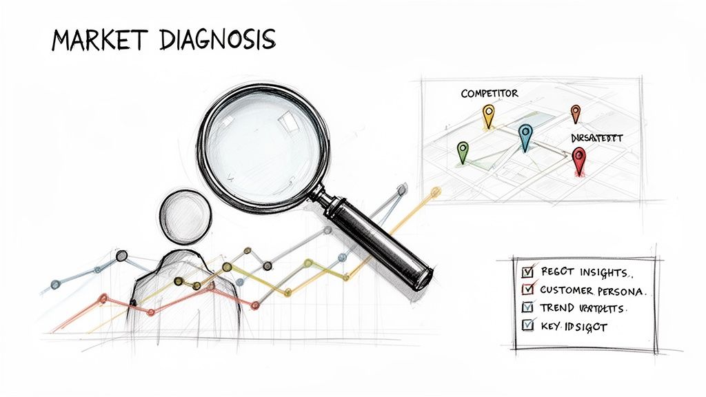 A imagem representa o diagnóstico de mercado, incluindo análise de dados, clientes, concorrentes e insights estratégicos.