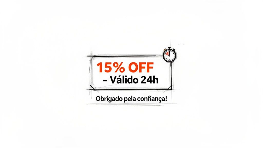 Mensagem de agradecimento ao cliente com oferta de 15% de desconto, válida por 24 horas, destacada em um quadro.