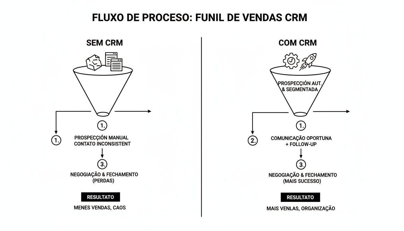 Fluxo de processo do funil de vendas, ilustrando a diferença entre usar e não usar um sistema CRM.
