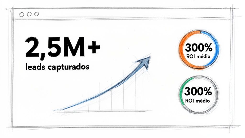 Gráfico mostrando crescimento com 2,5 milhões de leads capturados e 300% de ROI médio.